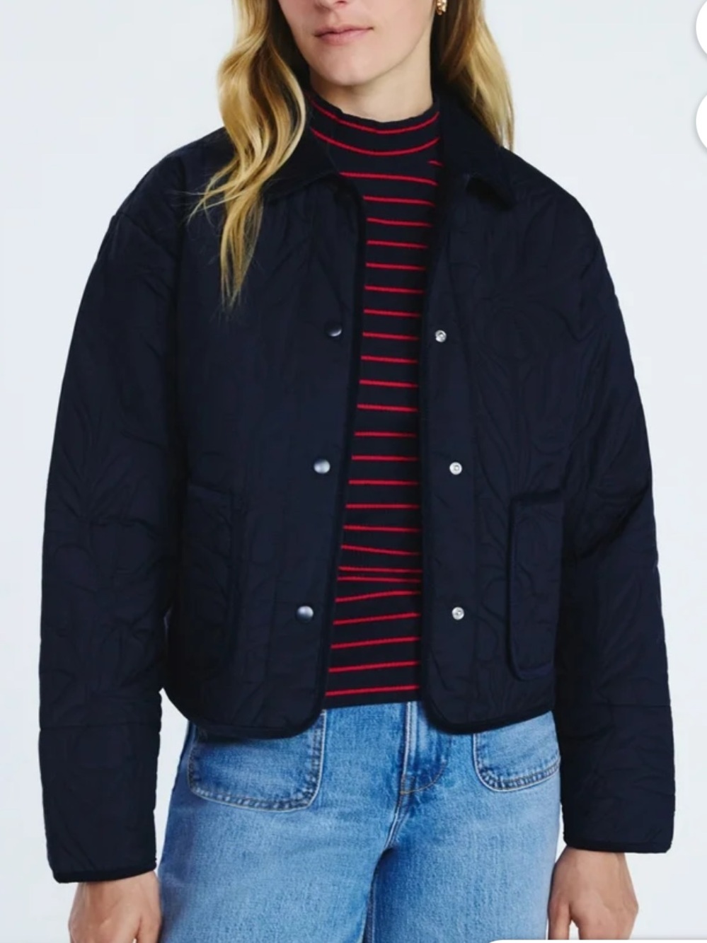 NWT Free Assembly Women’s Navy quilted jacket with a corduroy collar -size Small